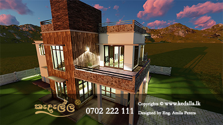 This rendering showcases stunning modern box type house plans that harmonizes beautifully with a rustic rural setting.