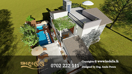 Modern two story box type house plan design for a narrow Sri Lankan land plot, featuring a flat rooftop, large glass windows, and a sleek car porch.