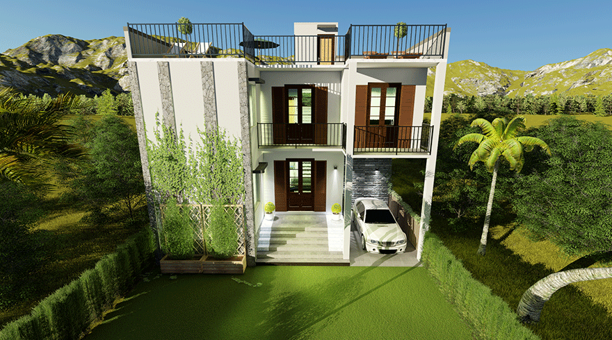 An Architectural 3D Home Design with Two Floors 4 Bedrooms and One Parking Lot