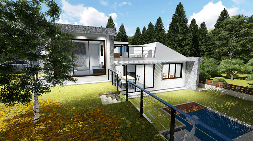 An architectural home design with family room living room dining room laundry room and attached bathroom 