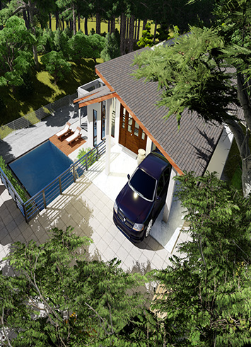 Modern single story tropical house design in Sri Lanka with large glass windows and timber accents by Kedella Homes. 