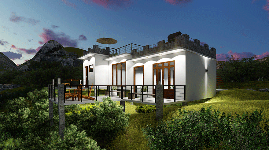 Simple Modern House Plans. 2 Bedroom 1000 square feet modern house plan with open patios