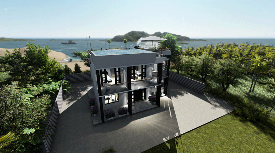 Two Story House Plan with Swimming Pool master bedroom living room dining room laundry room and attached bathroom 