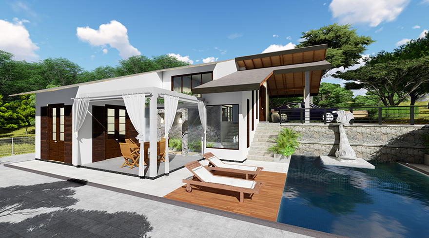 Compact single story tropical modern house plan featuring an open veranda and white minimalist exterior