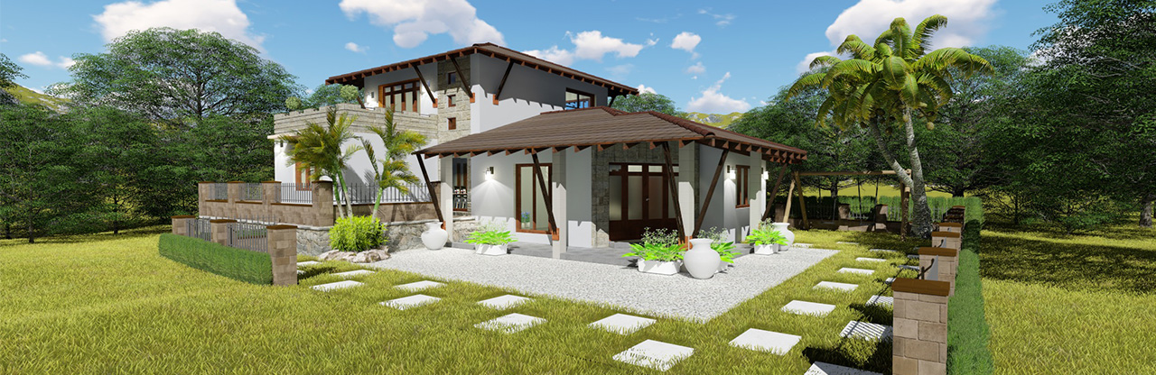 Modern tropical house layout by Kedella Homes featuring an open central courtyard rather mada midula and timber finishes